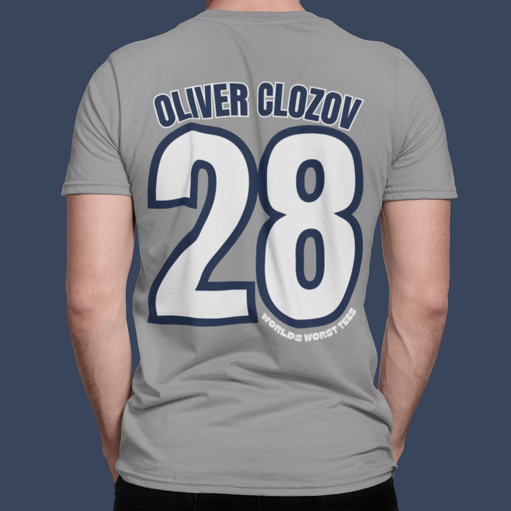 A premium fitted men’s NY Yankers #28 Oliver Clozov Tee, featuring ribbed collar, side seams for shape retention, and 100% combed cotton for comfort. Ideal for workouts or daily wear.