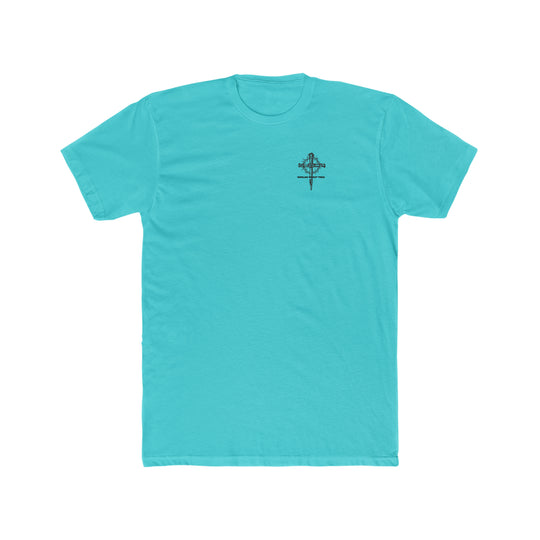 Man of God Husband Dad Grandpa Tee: Blue shirt with cross & crown of thorns logo. 100% ring-spun cotton, medium weight, relaxed fit, durable double-needle stitching, no side-seams for tubular shape.