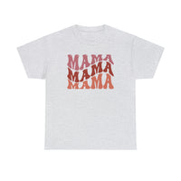 A staple Mama Tee in white with red text. Unisex heavy cotton tee with no side seams for comfort, tape on shoulders for durability, and ribbed knit collar. Classic fit, 100% cotton.