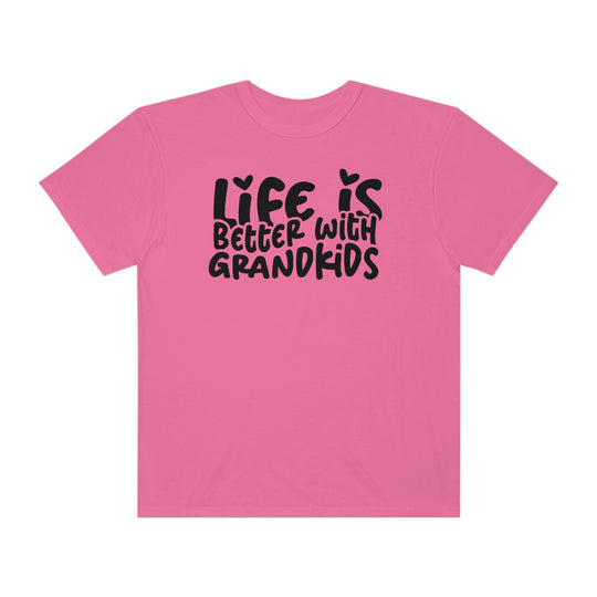 Life is Better With Grandkids Tee: Pink shirt with black text, 100% ring-spun cotton, medium weight, relaxed fit, durable double-needle stitching, no side-seams for tubular shape.
