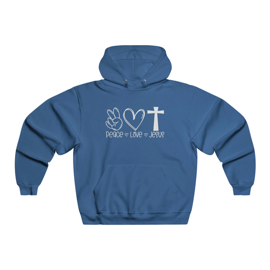 A Peace Love and Jesus hoodie, a blue sweatshirt with white text and a cross design. Unisex heavy blend, cotton-polyester fabric, kangaroo pocket, classic fit. Ideal for warmth and comfort.