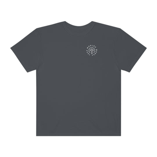 Blessed Mom Tee: Grey t-shirt with a cross logo, 100% ring-spun cotton, relaxed fit, durable double-needle stitching, no side-seams for tubular shape.