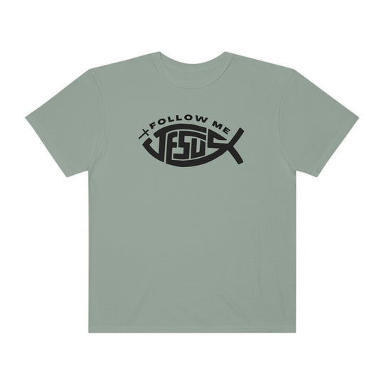 A relaxed fit Jesus Follow Me Tee in grey with a fish design. 100% ring-spun cotton, garment-dyed for coziness. Durable double-needle stitching, no side-seams for shape retention. Sizes S-3XL.