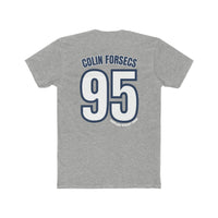 NY Yankers #95 Colin Forsecs Tee: Men's grey t-shirt with blue and white text and numbers. Premium fit, ribbed collar, 100% cotton, ideal for workouts or daily wear.