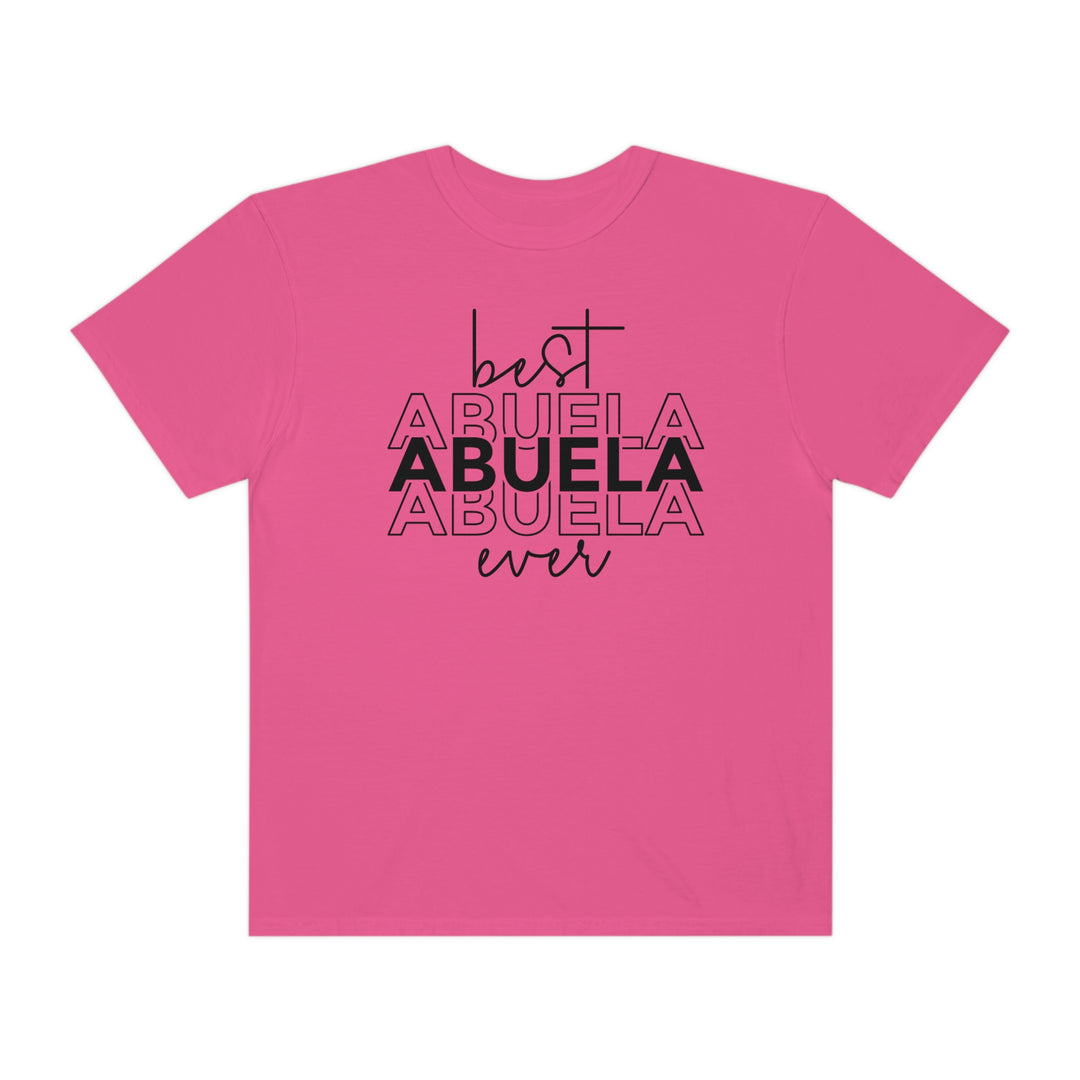 A ring-spun cotton tee with a relaxed fit, featuring Best Abuela Ever text. Garment-dyed for coziness, double-needle stitching for durability, and tubular shape retention. From Worlds Worst Tees.