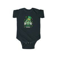 A Little Charm Onesie for infants, featuring a black bodysuit with a green leprechaun hat design. Made of 100% cotton, with ribbed knitting for durability and plastic snaps for easy changing access. Dimensions: Width - 7.32-12.01 in, Length - 11.46-15.51 in, Sleeve length - 2.52-3.50 in.