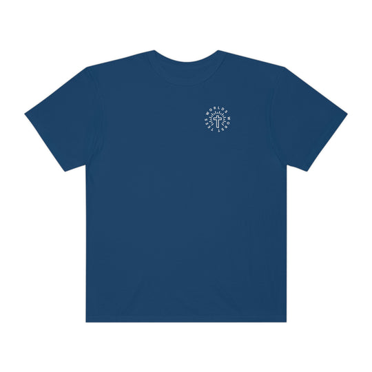 A Blessed Mom Tee: Blue shirt with logo featuring a cross. 100% ring-spun cotton, medium weight, relaxed fit, durable double-needle stitching, seamless design for comfort. Ideal for daily wear.