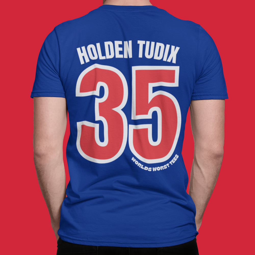 LA Dongers #35 Holden Tudix Tee: Men's premium fitted short sleeve shirt in blue with red text. Combed, ring-spun cotton, light fabric, ribbed collar, roomy fit. Ideal for workouts or daily wear.