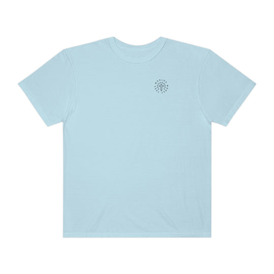 Relaxed fit Blessed Mom Tee, light blue with logo. 100% ring-spun cotton, garment-dyed for coziness. Double-needle stitching, no side-seams for durability and shape retention.