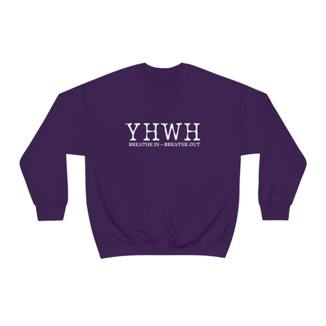 Unisex YHWH Crewneck sweatshirt, purple with white text. Heavy blend fabric, ribbed knit collar, no itchy seams. 50% cotton, 50% polyester, loose fit, sewn-in label. Ideal comfort for any occasion.