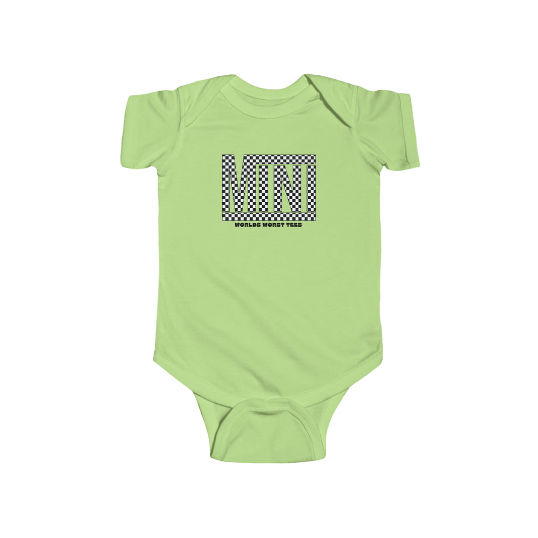 A durable Vans Mini Onesie for infants, featuring a green bodysuit with black and white checkered design. Made of 100% cotton, with ribbed knit bindings and plastic snaps for easy changing access. Ideal for 0-24M sizes.
