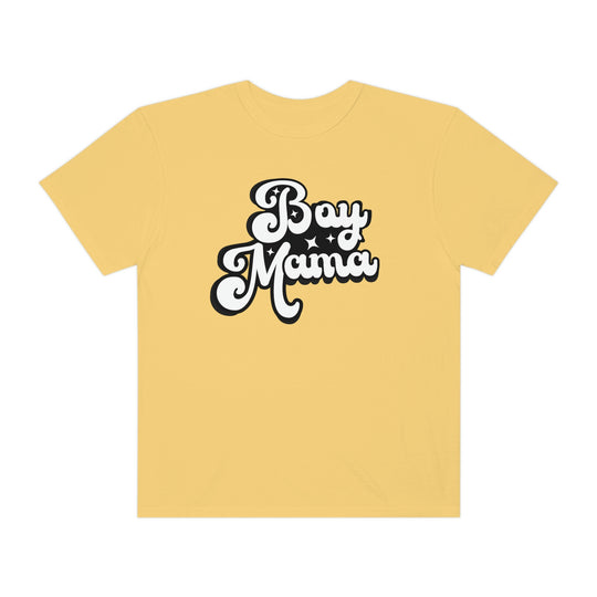 Relaxed fit Boy Mama Tee, 100% ring-spun cotton. Garment-dyed for coziness, double-needle stitching for durability. No side-seams, tubular shape. Medium weight, versatile daily wear.