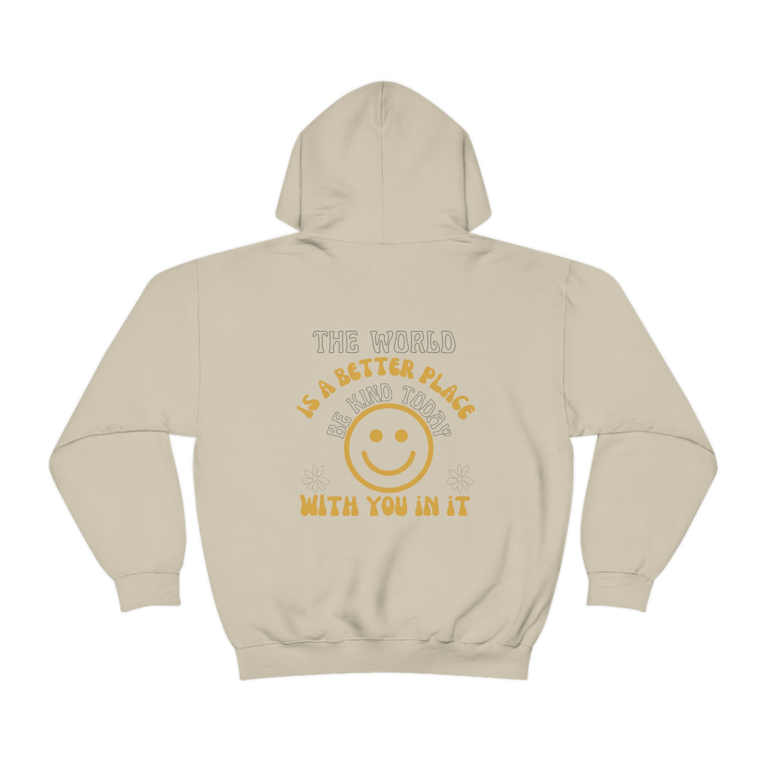 Unisex Be Kind Today Hoodie: White sweatshirt with yellow text, kangaroo pocket, and drawstring hood. Cotton-polyester blend, medium-heavy fabric, classic fit. Ideal for printing, cozy and stylish.