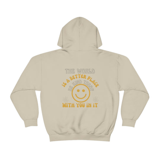 Unisex Be Kind Today Hoodie: White sweatshirt with yellow text, kangaroo pocket, and drawstring hood. Cotton-polyester blend, medium-heavy fabric, classic fit. Ideal for printing, cozy and stylish.