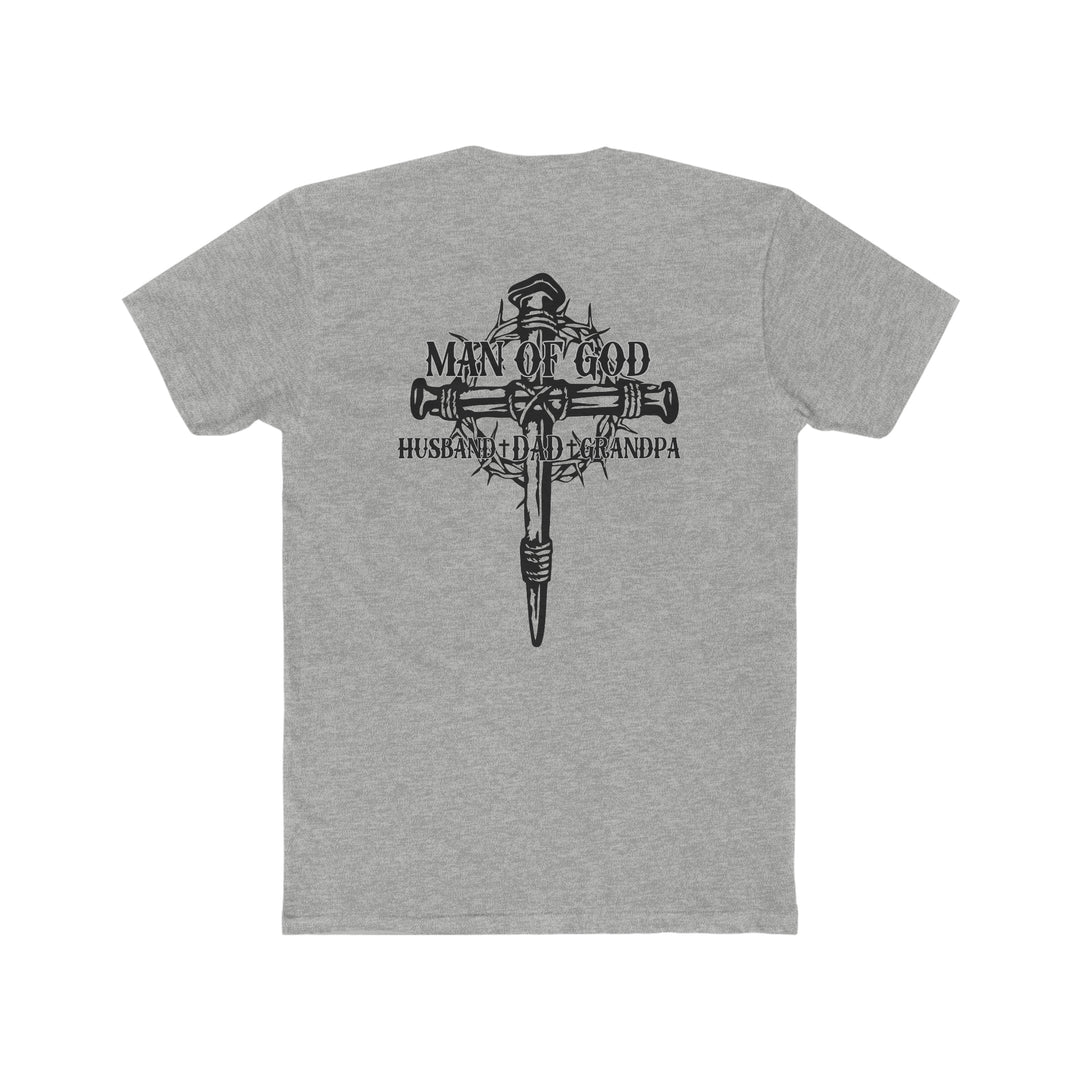 Relaxed fit Man of God Husband Dad Grandpa Tee, back view, featuring a cross and crown of thorns. Garment-dyed 100% ring-spun cotton shirt with double-needle stitching for durability and tubular shape.