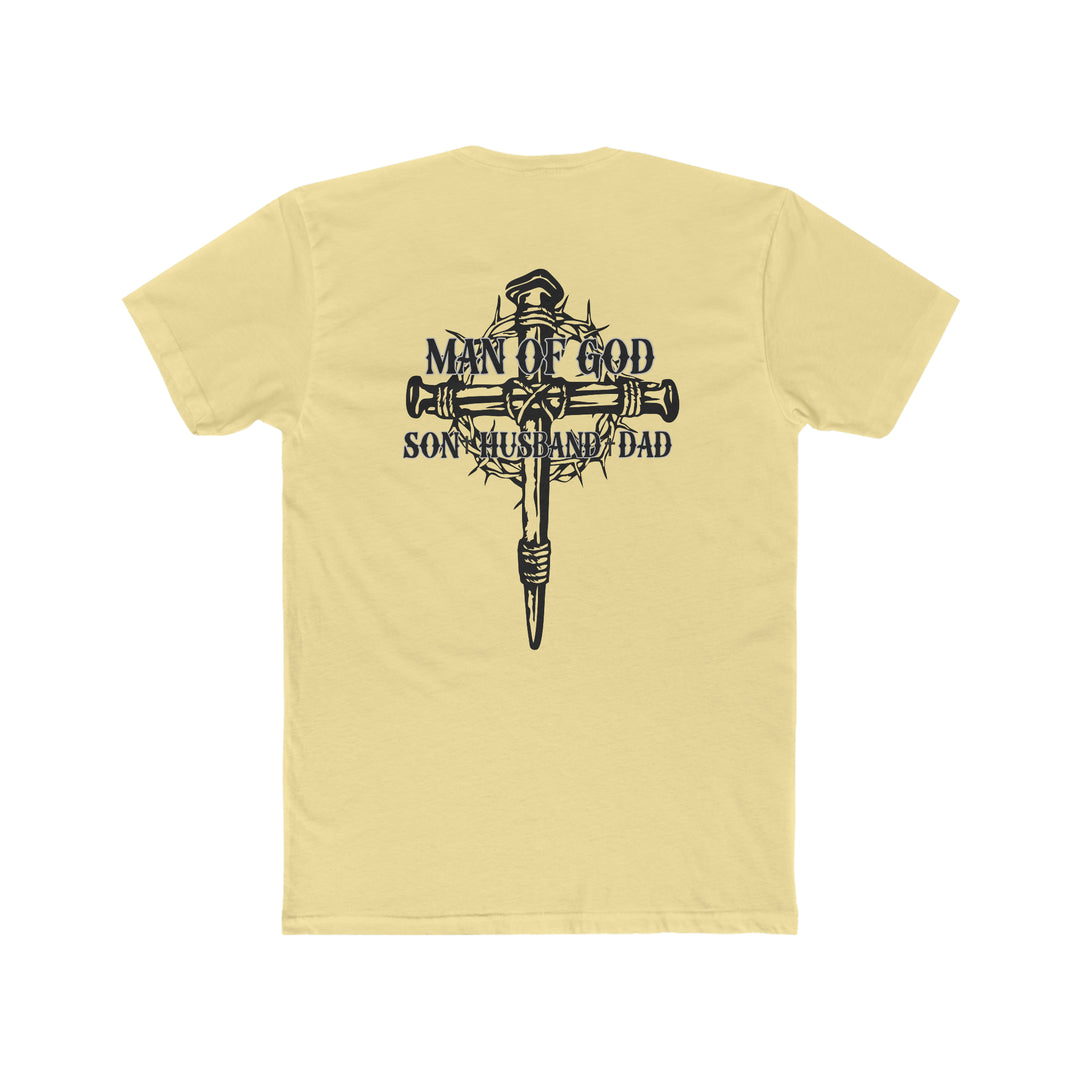 Relaxed fit Man of God Son Husband Dad Tee, back view with cross and crown of thorns logo on yellow shirt. 100% ring-spun cotton, garment-dyed for coziness, durable double-needle stitching, no side-seams for tubular shape.