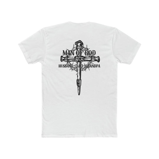 A relaxed fit Man of God Husband Dad Grandpa Tee, featuring a black design on a white shirt. Made of 100% ring-spun cotton, with double-needle stitching for durability and a seamless tubular shape.