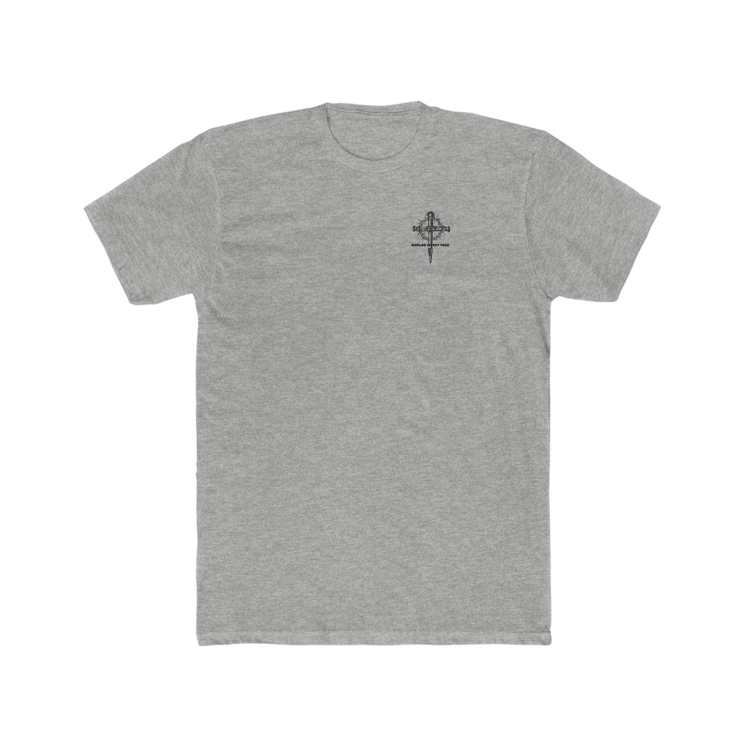 A relaxed-fit Man of God Husband Dad Grandpa Tee in grey, featuring a cross and crown of thorns design on soft ring-spun cotton. Durable double-needle stitching, no side-seams for tubular shape.