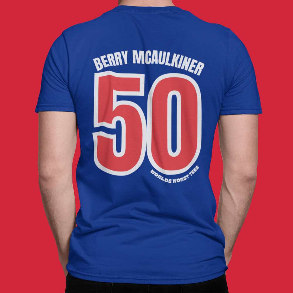 Fitted LA Dongers #50 Berry McCaulkiner Tee: A premium men’s shirt with ribbed knit collar, side seams for shape, and 100% combed cotton. Light, comfy, and roomy for workouts or daily wear.