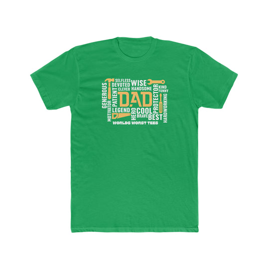 Relaxed fit All Dad All Day Tee, a green shirt with white text. 100% ring-spun cotton, garment-dyed for coziness. Durable double-needle stitching, no side-seams for tubular shape. Sizes XS to 4XL.