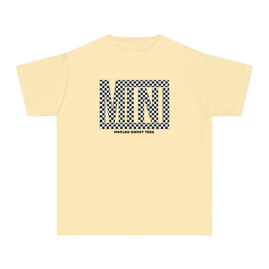 Vans Mini Kids Tee: Yellow t-shirt with black and white checkered design. 100% combed ring-spun cotton, soft-washed, and garment-dyed. Perfect for active kids, offering comfort and agility. Classic fit for all-day wear.