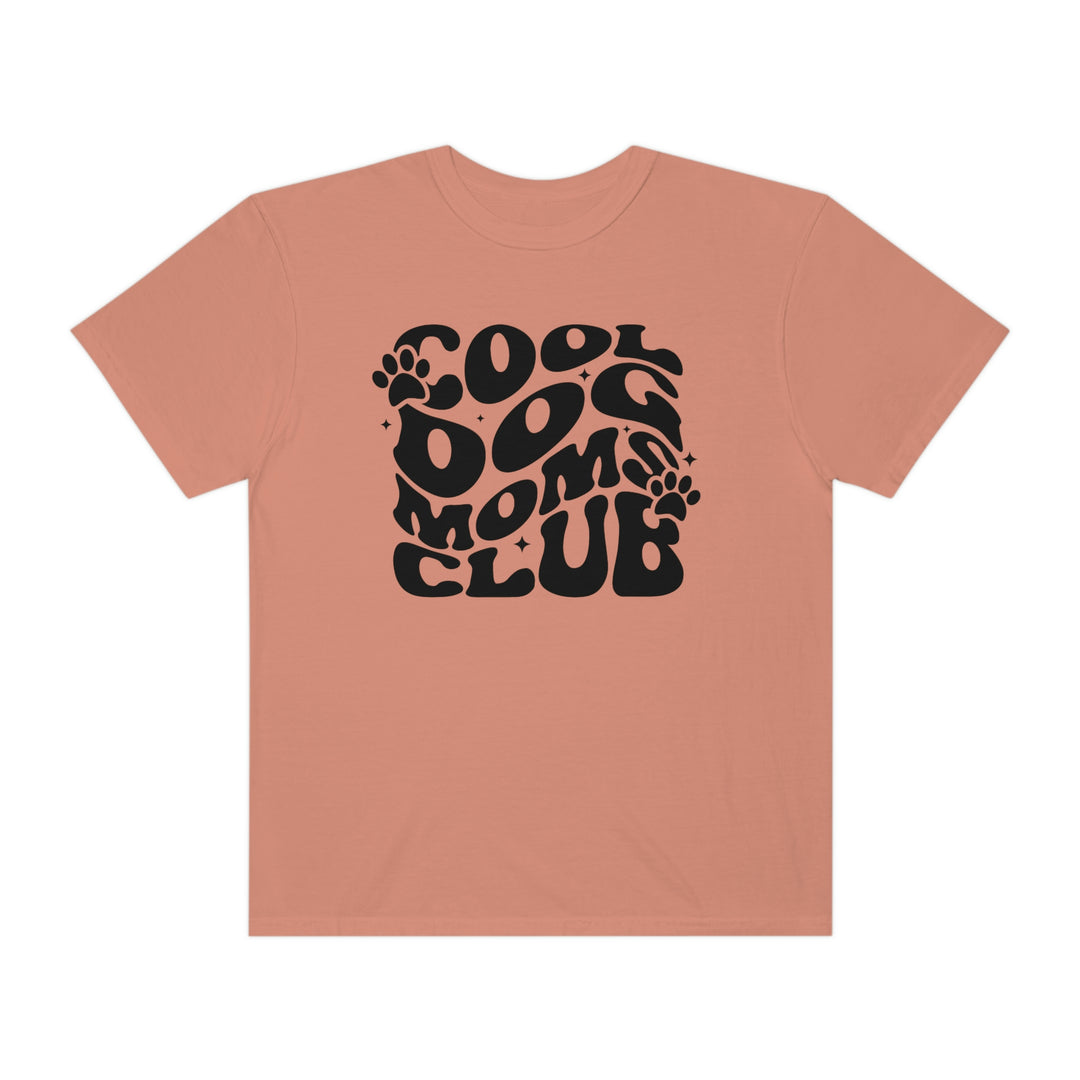 A Cool Dog Mom's Club Tee, garment-dyed 100% ring-spun cotton shirt with a relaxed fit and double-needle stitching for durability. Medium weight and seamless sides for comfort.