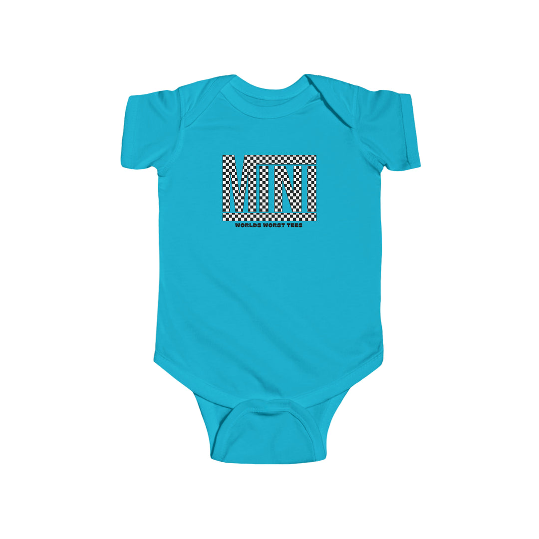 A durable Vans Mini Onesie for infants, featuring a black and white checkered design. Made of 100% cotton, with ribbed bindings and plastic snaps for easy changing. Ideal for 0-24M.