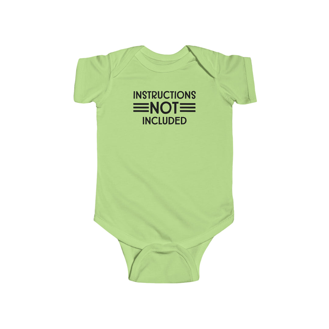 A green baby bodysuit with black text, featuring the product title Instructions Not Included Onesie from Worlds Worst Tees. Made of 100% cotton, with ribbed knitting for durability and plastic snaps for easy changing access.