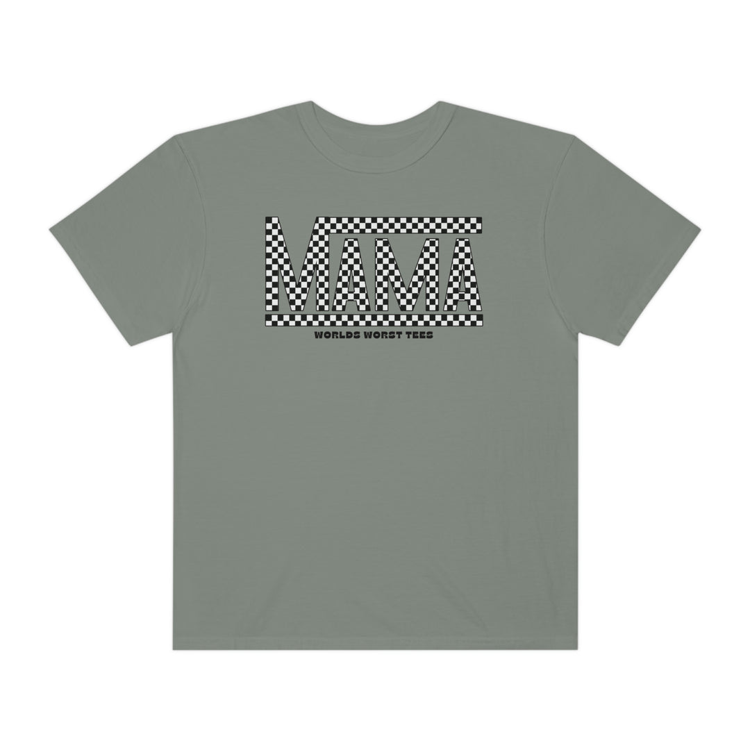 A Vans Mama Tee, a grey t-shirt with black and white checkered text. 100% ring-spun cotton, medium weight, relaxed fit, double-needle stitching for durability, seamless design for shape retention.