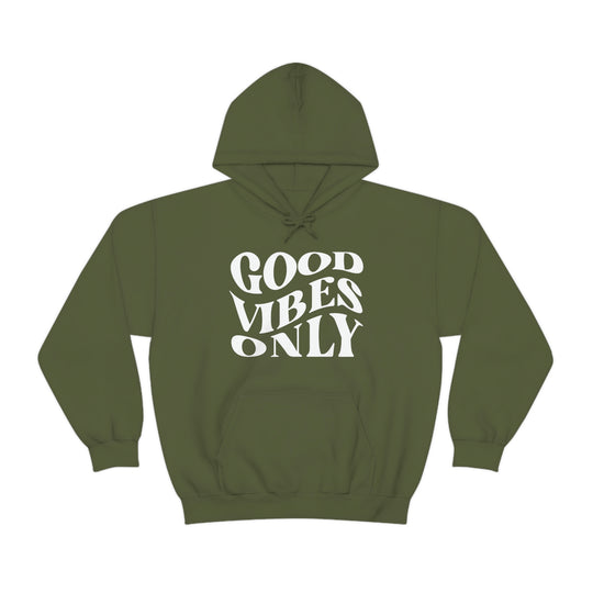 A heavy blend Good Vibes Only hoodie, featuring white text on a green background. Unisex, cotton-polyester fabric, kangaroo pocket, and drawstring hood. Ideal for warmth and comfort.