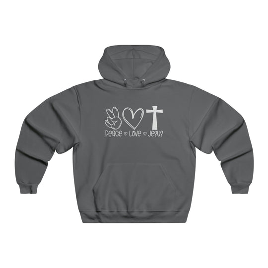 A grey hoodie featuring white text and a cross, ideal for relaxation with a plush cotton-polyester blend. This Peace Love and Jesus Hoodie offers a classic fit with a kangaroo pocket and drawstring hood.