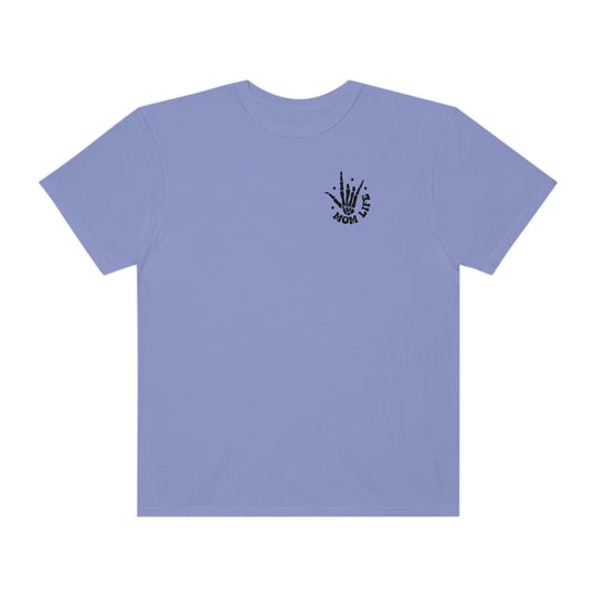 Relaxed fit I Used to Be Cool Mom Tee, a purple t-shirt with a hand print. 100% ring-spun cotton, garment-dyed for coziness. Durable double-needle stitching, no side-seams for a tubular shape.