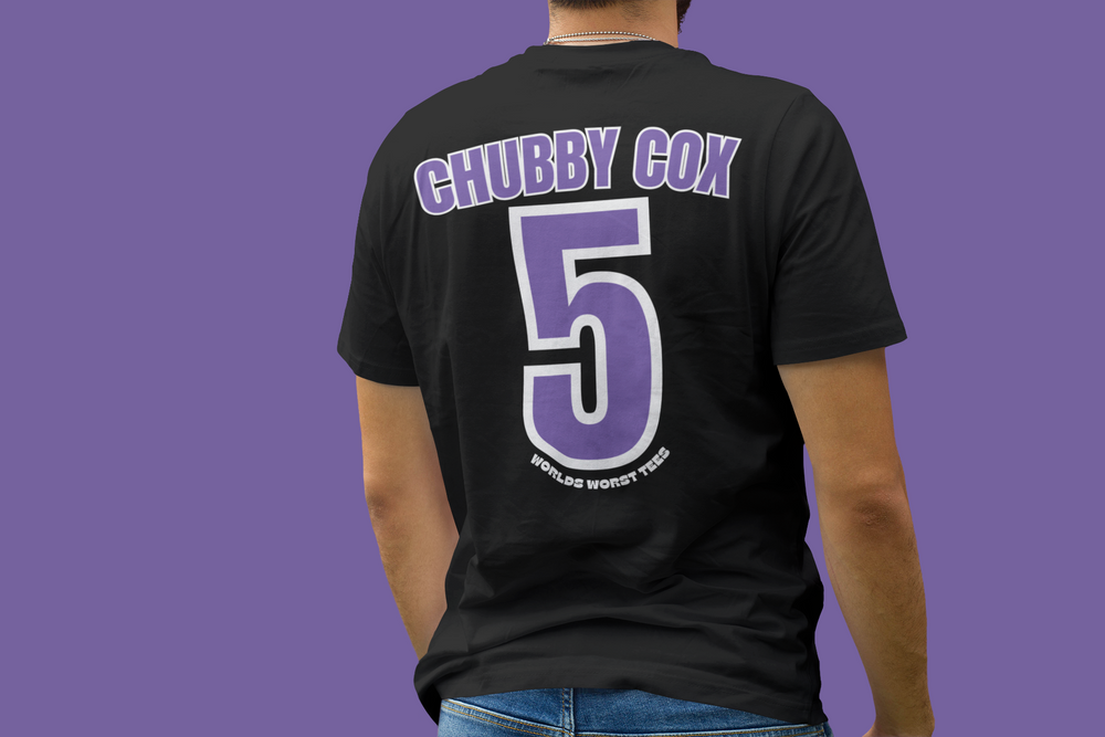 A premium Colorado Rockhards #5 Chubby Cox Tee for men, featuring a ribbed knit collar, roomy fit, and high-quality cotton fabric. Ideal for workouts or daily wear.
