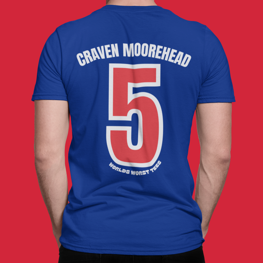 A premium LA Dongers #5 Craven Moorehead Tee, a men's short sleeve shirt with a number on it. Combed cotton, ribbed collar, roomy fit, ideal for workouts or daily wear.