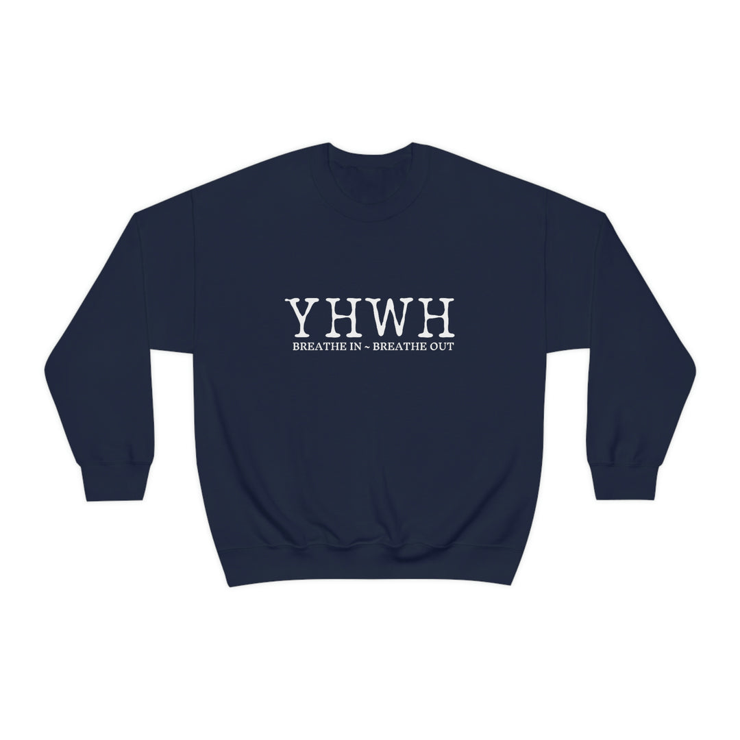Unisex YHWH Crewneck sweatshirt, a blend of comfort and style. Ribbed knit collar, no itchy seams, 50% cotton, 50% polyester, loose fit, medium-heavy fabric. Sizes S-5XL. Sewn-in label.