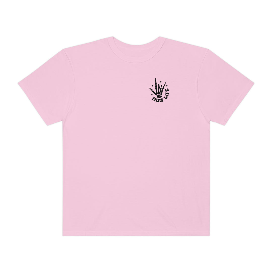 Relaxed fit I Used to Be Cool Mom Tee in pink with a hand print. 100% ring-spun cotton, garment-dyed for coziness. Durable double-needle stitching, no side-seams for shape retention.