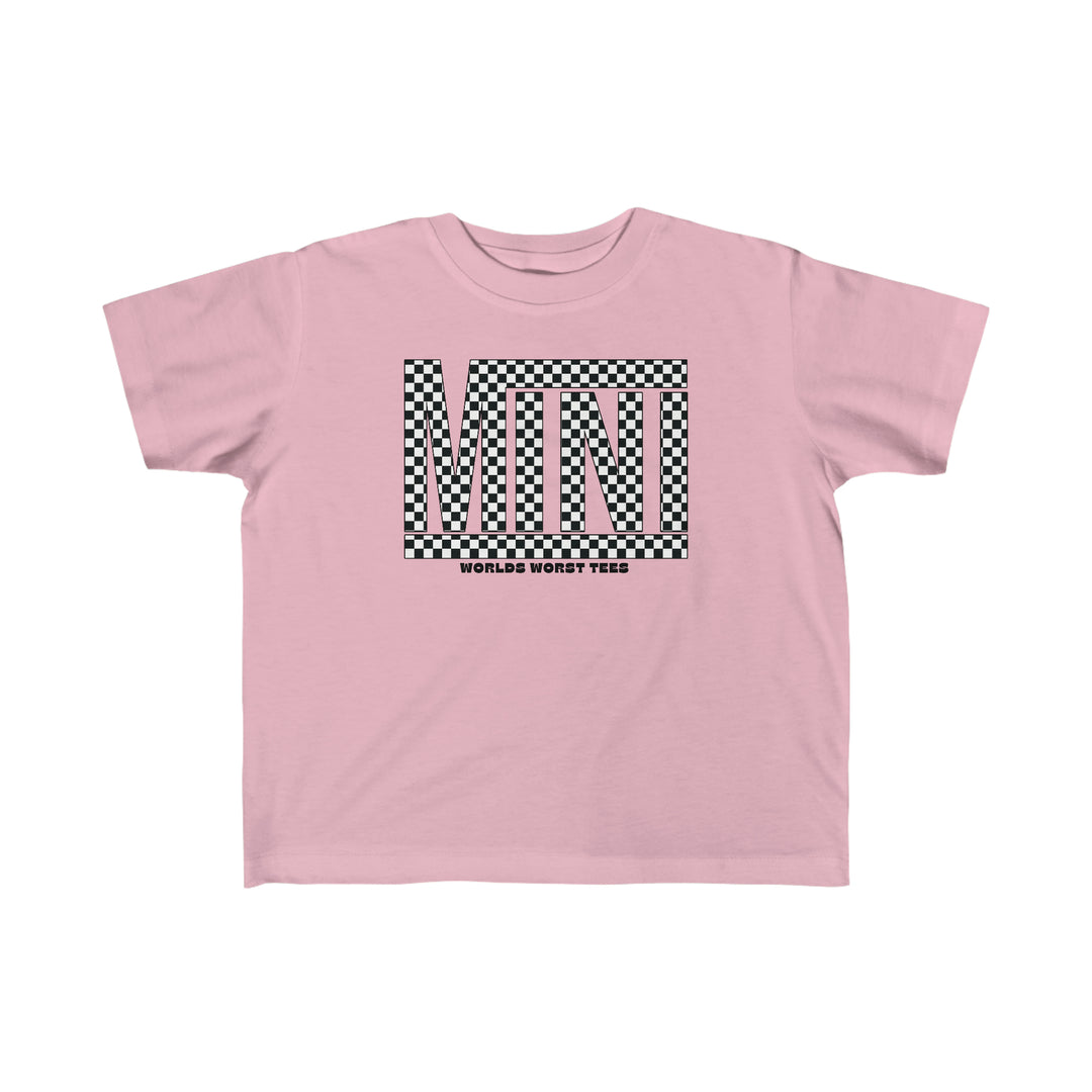 Vans Mini Toddler Tee: A pink shirt with black and white checkered design, made of 100% combed, ring-spun cotton. Soft and durable for sensitive skin, ideal for little adventurers. Sizes: 2T, 3T, 4T, 5-6T.