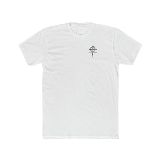 Man of God Husband Dad Grandpa Tee: White t-shirt with a cross and crown of thorns logo. 100% ring-spun cotton, garment-dyed for coziness. Durable double-needle stitching, relaxed fit.