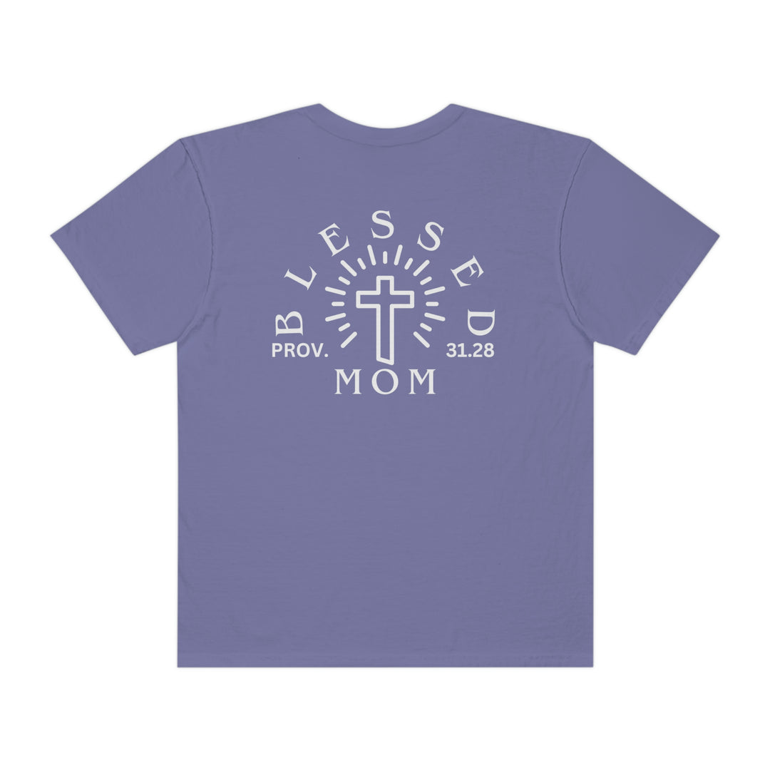 Relaxed fit Blessed Mom Tee, garment-dyed 100% ring-spun cotton shirt. Soft-washed, durable with double-needle stitching, no side-seams for a tubular shape. Medium weight, cozy wardrobe essential.