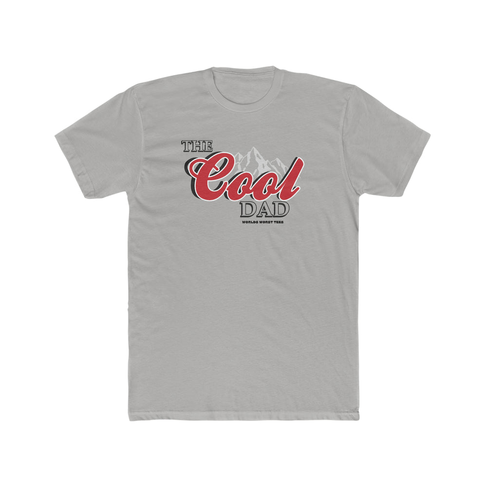 A relaxed fit Cool Dad Tee in grey with red and black text, featuring a logo with mountains. Made of 100% ring-spun cotton for comfort and durability. Ideal for daily wear.