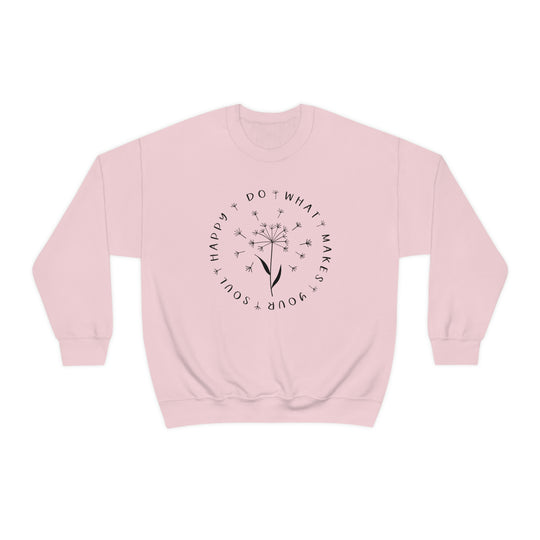 Happy Soul Crewneck: Pink sweatshirt with dandelion graphic, ribbed knit collar, loose fit, and polyester-cotton blend for comfort. Ideal for any occasion. From Worlds Worst Tees.
