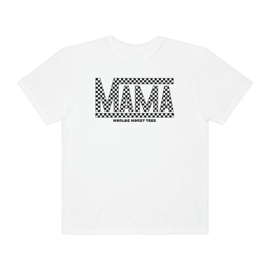 A Vans Mama Tee, a white t-shirt with black and white text and checkered design. 100% ring-spun cotton, medium weight, relaxed fit, durable double-needle stitching, seamless sides for a tubular shape.