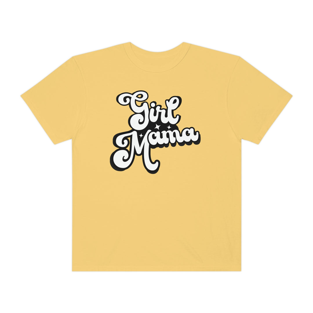 Girl Mama Tee: Ring-spun cotton t-shirt with white text, relaxed fit, and durable double-needle stitching. Soft-washed fabric for coziness. No side-seams for a tubular shape. From Worlds Worst Tees.
