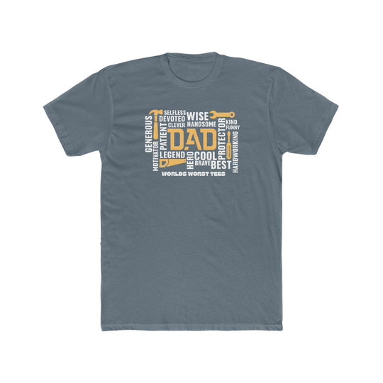 A relaxed fit All Dad All Day Tee, a grey t-shirt with white text. 100% ring-spun cotton, garment-dyed for coziness. Double-needle stitching for durability, no side-seams for shape retention.