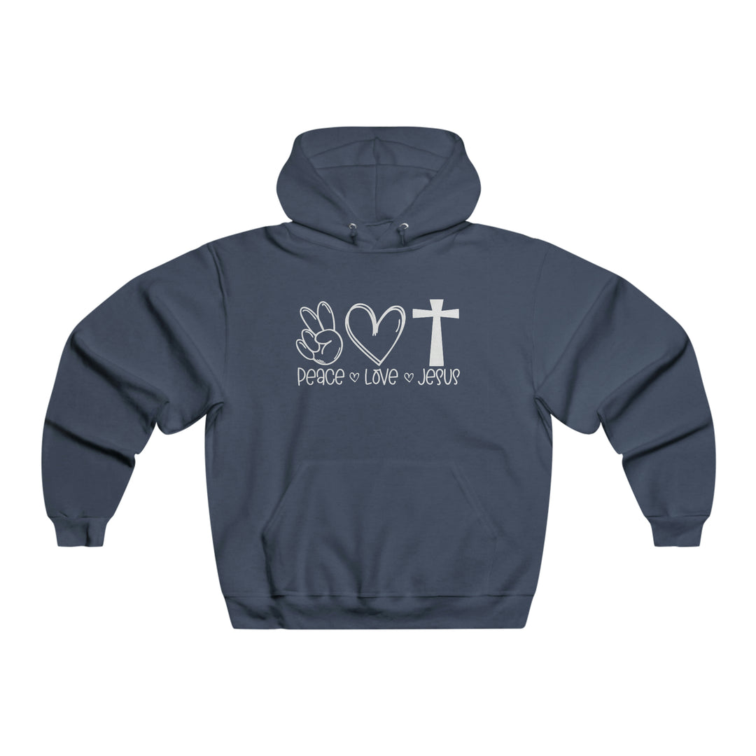 Unisex Peace Love and Jesus hoodie, grey with white text and cross. Heavy blend cotton and polyester, kangaroo pocket, classic fit. Ideal for comfort and warmth. From Worlds Worst Tees.