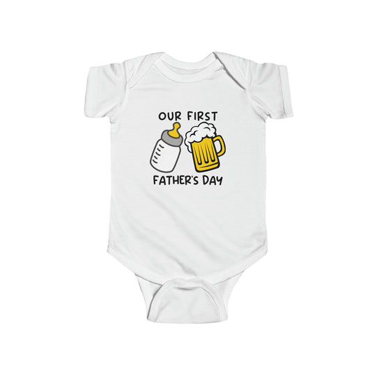 Infant white jersey bodysuit featuring a beer and bottle graphic, ideal for Our First Father's Day. 100% cotton fabric, ribbed knit bindings, and plastic snaps for easy changes. From Worlds Worst Tees.