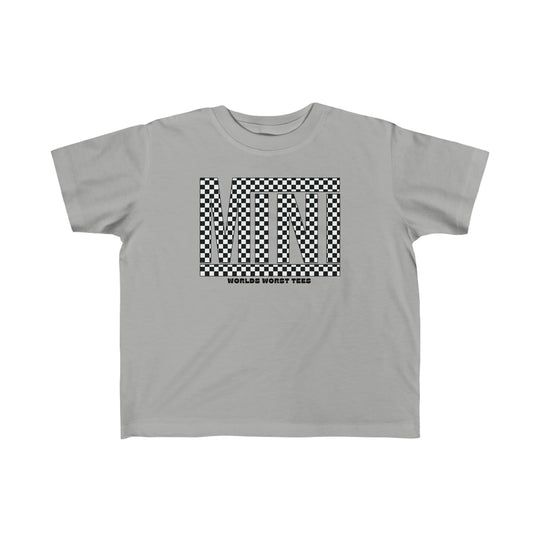 Vans Mini Toddler Tee: Grey t-shirt with black and white checkered design. Soft 100% combed cotton, light fabric, classic fit, tear-away label. Perfect for sensitive toddler skin.