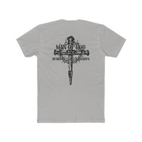 Relaxed fit Man of God Husband Dad Grandpa Tee, back view. Grey shirt with cross logo, 100% ring-spun cotton, durable double-needle stitching, no side-seams for tubular shape. Sizes XS-4XL.