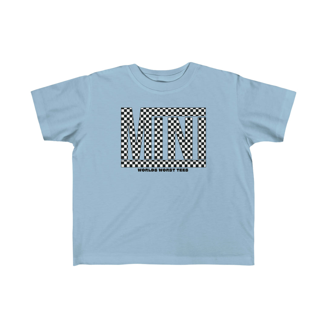 Vans Mini Toddler Tee: Blue shirt with black and white checkered design. Soft, 100% combed cotton tee for toddlers. Durable print, perfect for first adventures. Sizes: 2T, 3T, 4T, 5-6T.