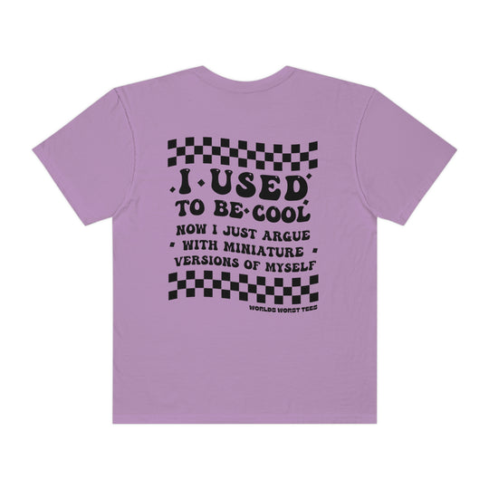 Relaxed fit I Used to Be Cool Mom Tee in purple, back view. 100% ring-spun cotton, garment-dyed for coziness. Double-needle stitching, no side-seams for durability and shape retention. Sizes S to 3XL.
